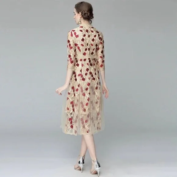 boutique floral embroidered midi dress M vintage look victorian fit & flare NWOT - Picture 2 of 12